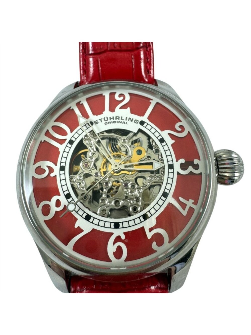 Stuhrling Original Skeleton Calypso Girl Watch Automatic Red Band Bezel 47mm